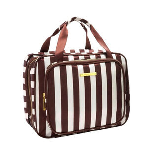 Joy Mangano CleanBoss Hanging Cosmetic Bag Brown Satin White Striped New!